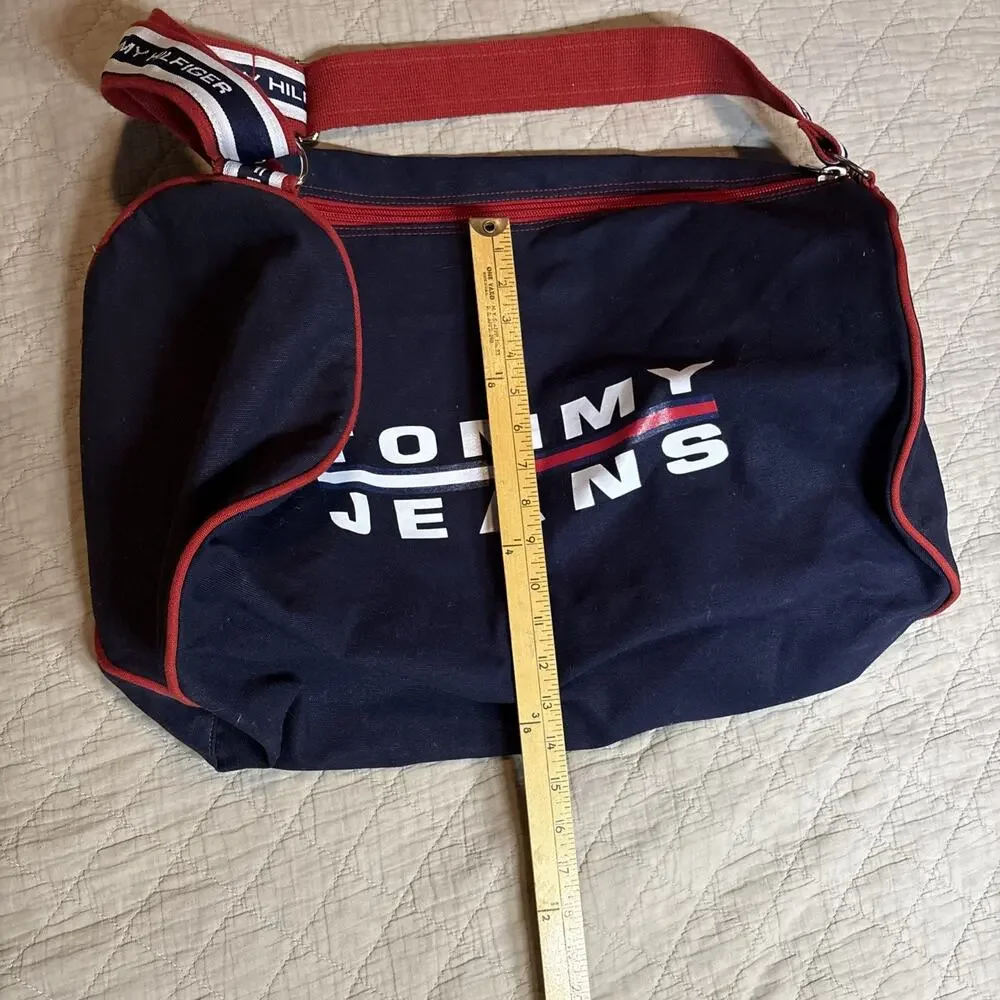 Tommy Hilfiger Duffel Bag Blue Large 11” Flag Logo Travel Weekender Gym Vtg 90s